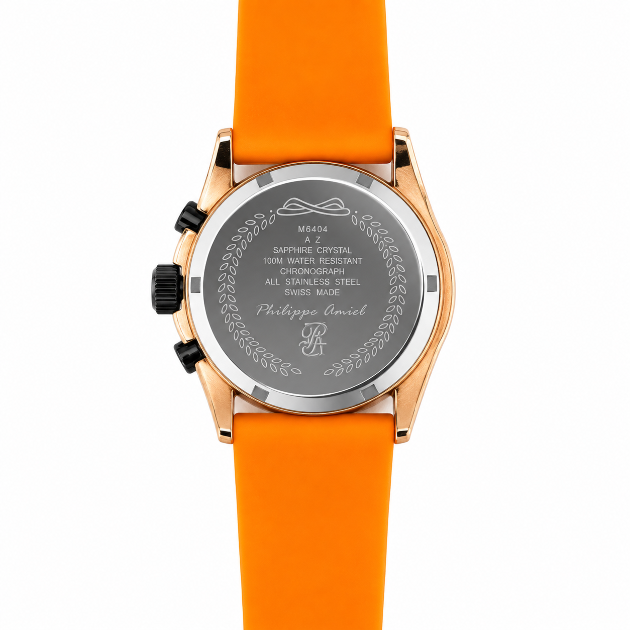 Philippe Amiel M6404 Reloj para Hombre Cronógrafo Acero PVD Oro Rosa y Correa Naranja