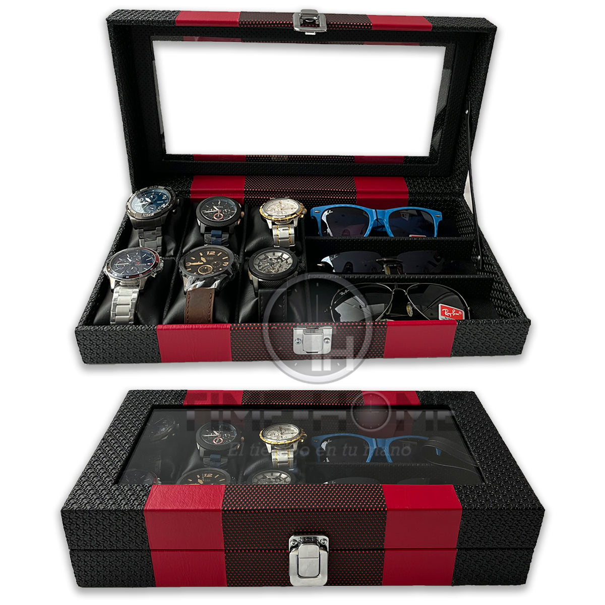 ORGANIZADOR DE RELOJES ESTUCHE RELOJERA DE LUJO 6 PUESTOS + 3 PUESTOS PARA GAFAS