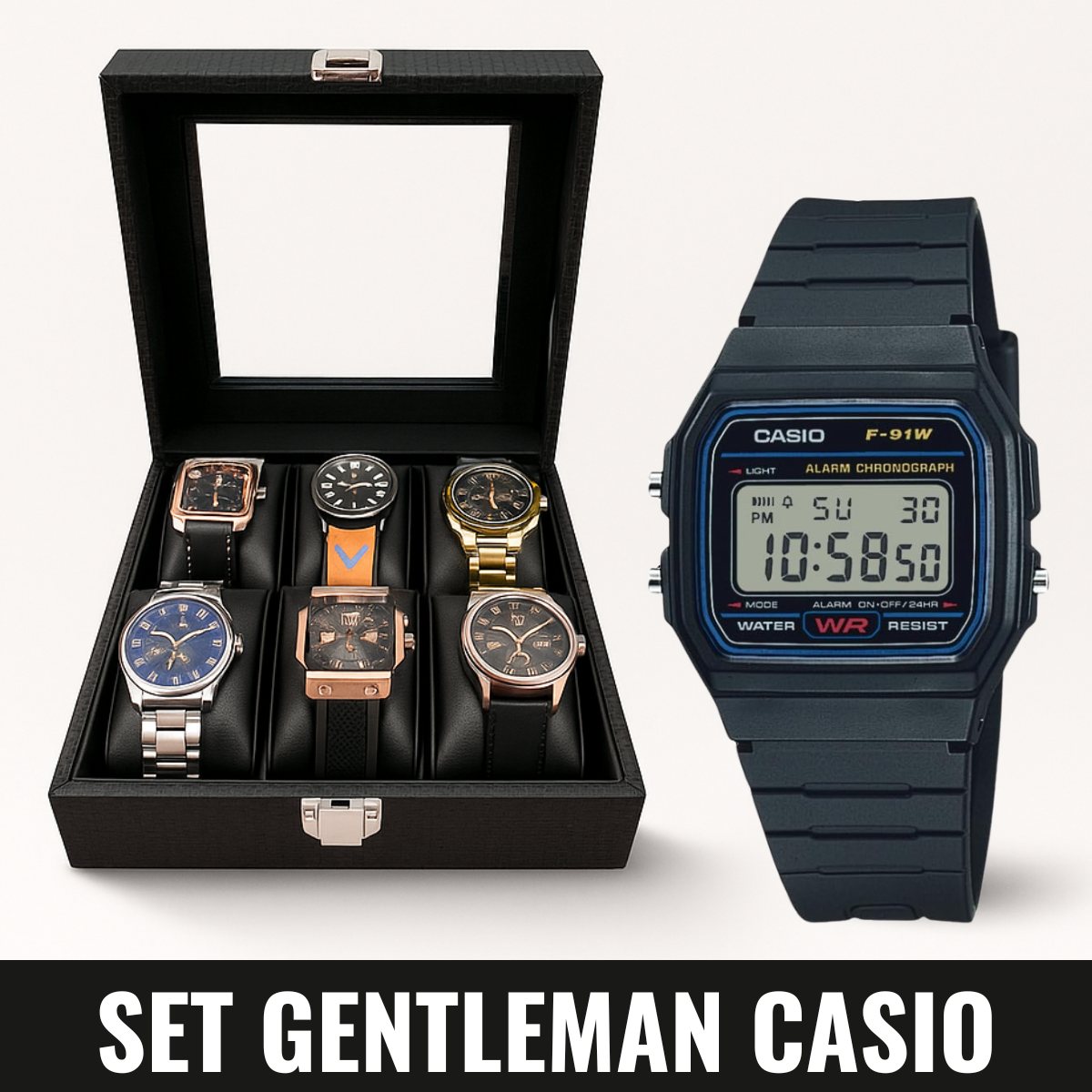 Set Gentleman Casio – Relojera 6 Puestos + Reloj Casio F91
