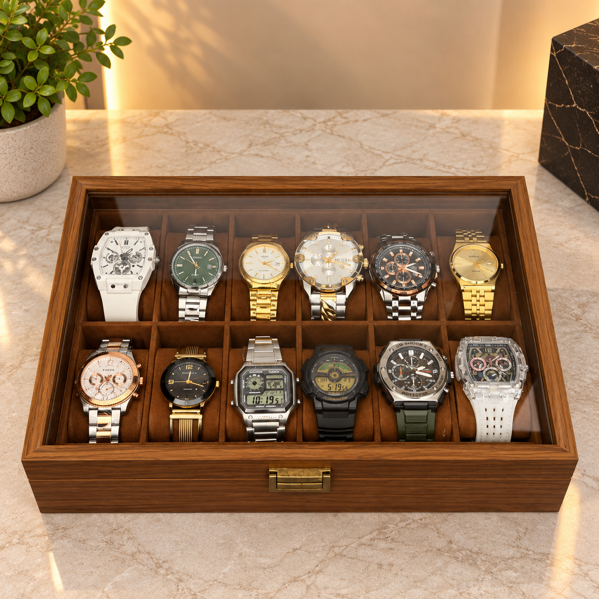 ESTUCHE ORGANIZADOR PARA 12 RELOJES EN MADERA NATURAL CON TAPA DE VIDRIO