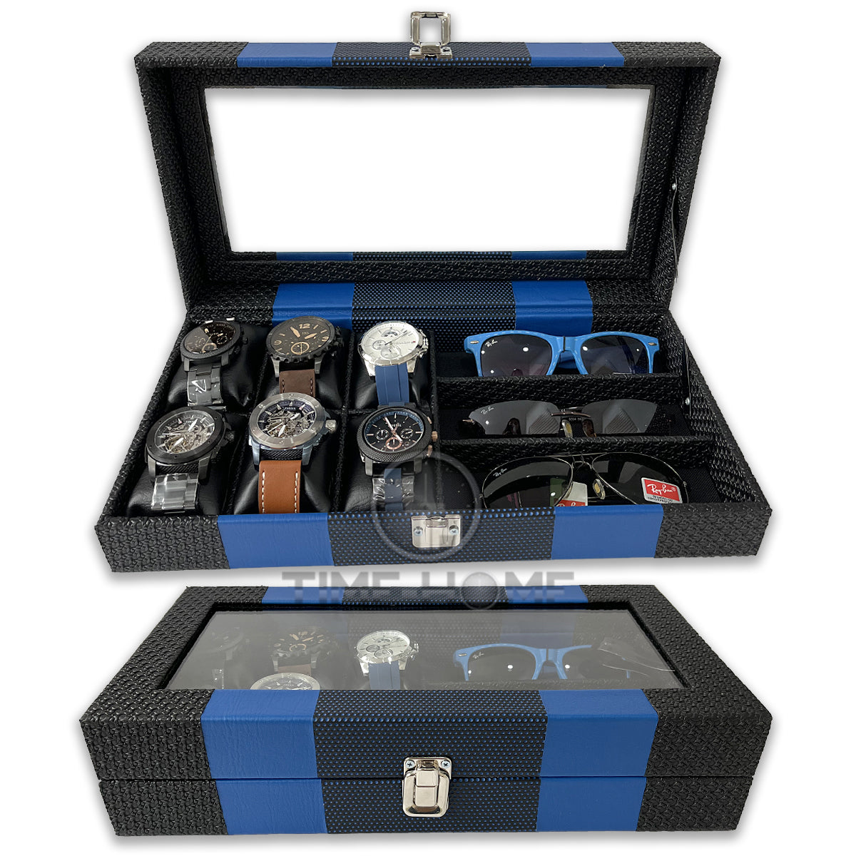 ORGANIZADOR DE RELOJES ESTUCHE RELOJERA DE LUJO 6 PUESTOS + 3 PUESTOS PARA GAFAS