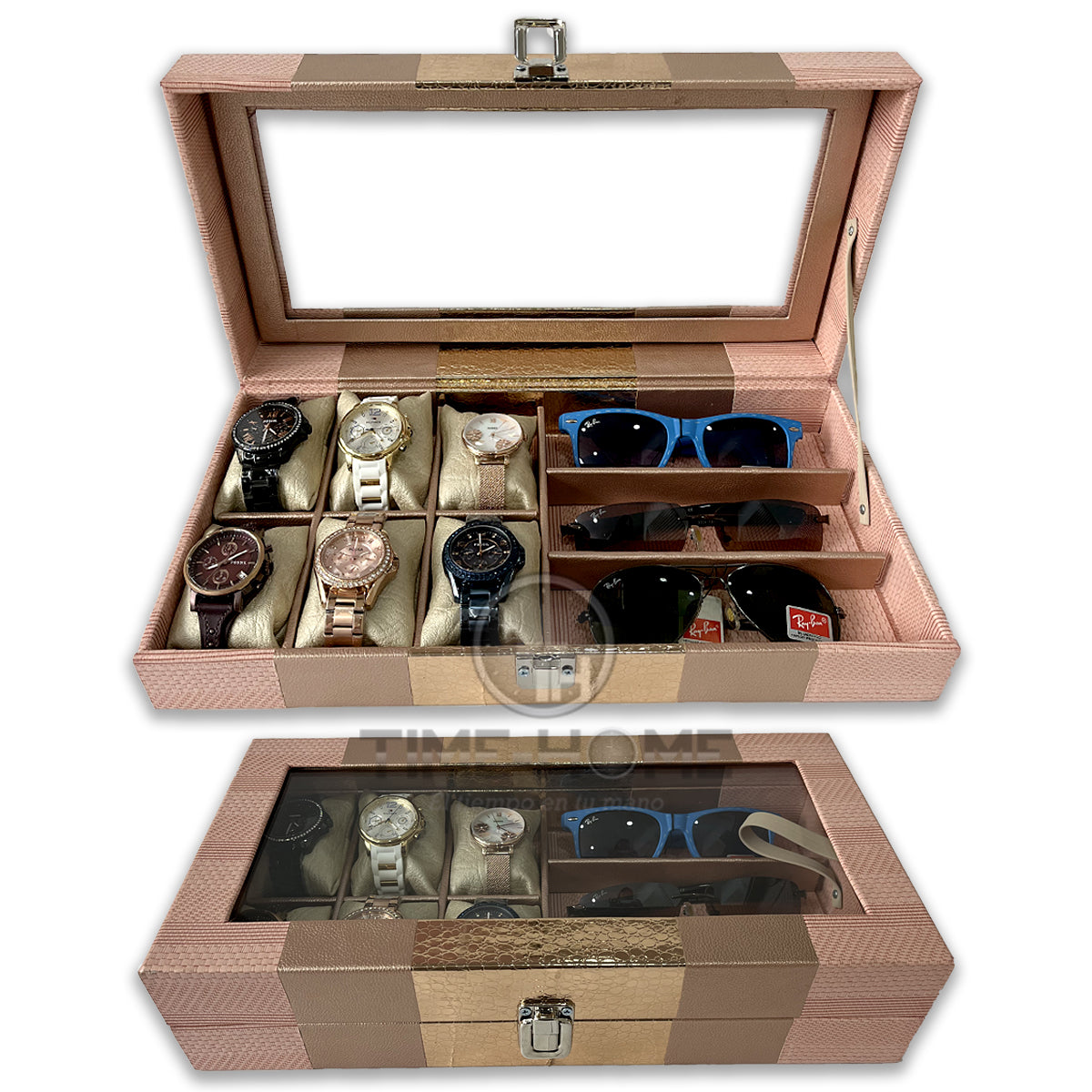 ORGANIZADOR DE RELOJES ESTUCHE RELOJERA DE LUJO 6 PUESTOS + 3 PUESTOS PARA GAFAS