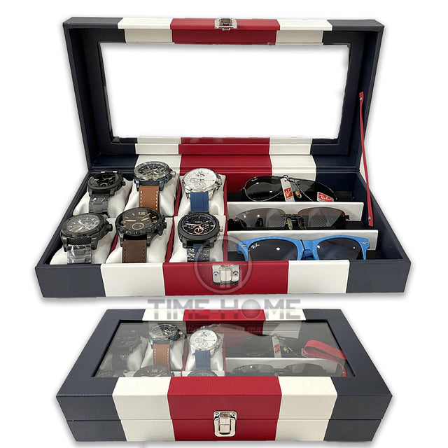 ORGANIZADOR DE RELOJES ESTUCHE RELOJERA DE LUJO 6 PUESTOS + 3 PUESTOS PARA GAFAS