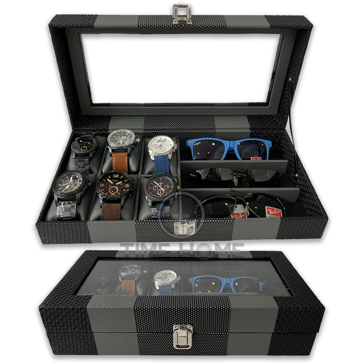 ORGANIZADOR DE RELOJES ESTUCHE RELOJERA DE LUJO 6 PUESTOS + 3 PUESTOS PARA GAFAS