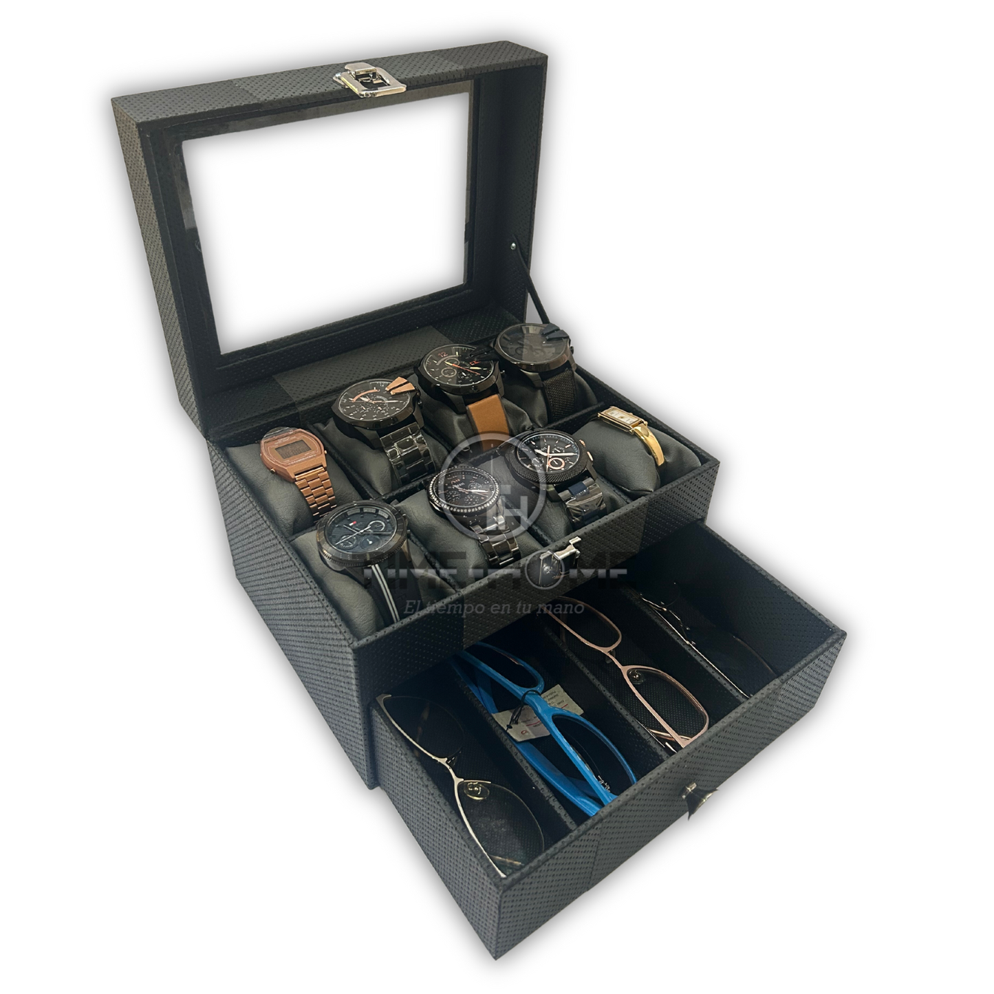 ESTUCHE DE LUJO 8 RELOJES Y 4 GAFAS DE 2 PISOS