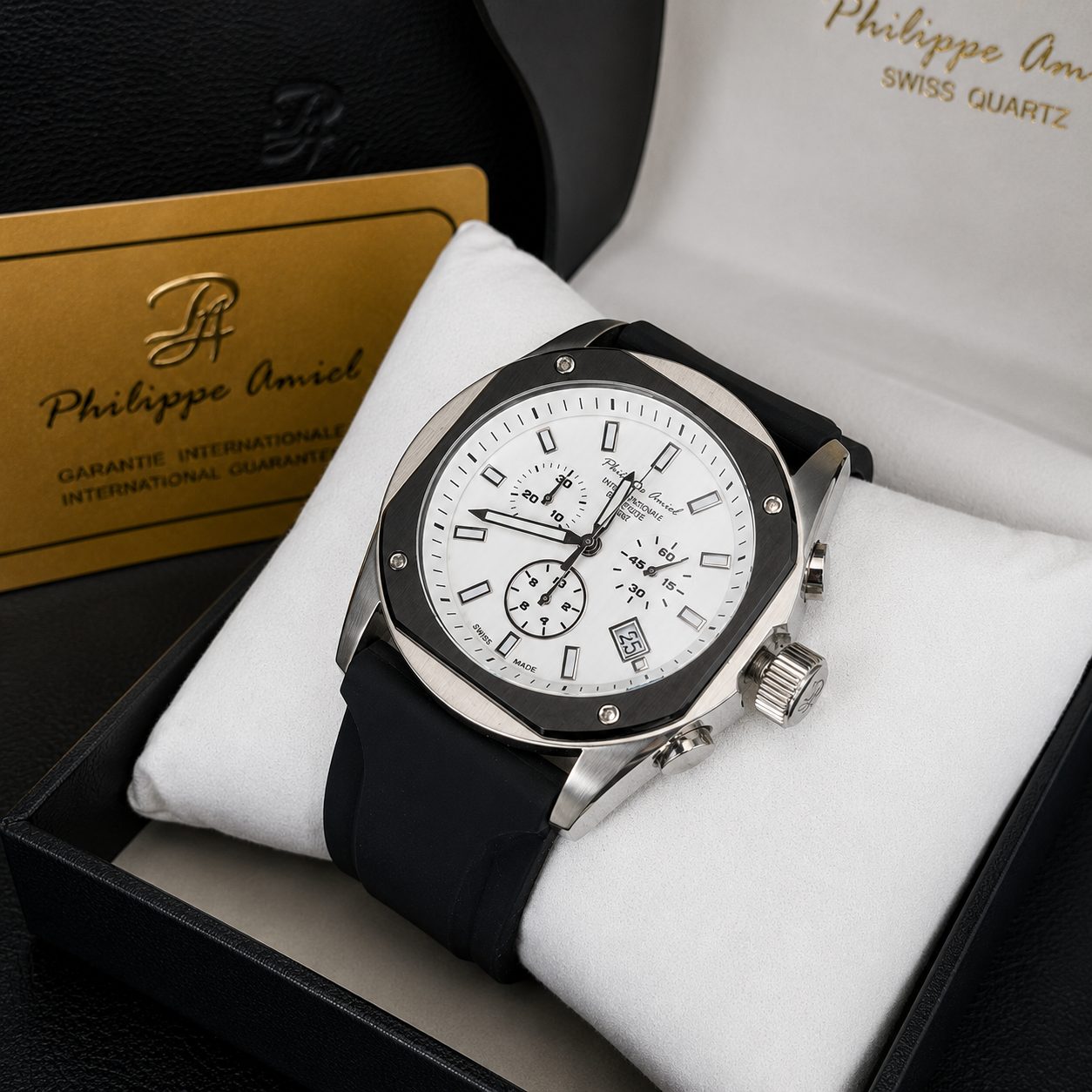 Philippe Amiel M6404 Reloj para Hombre Cronógrafo Acero Inoxidable Blanco y Negro