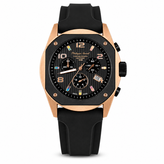 Philippe Amiel M6404 Reloj para Hombre Cronógrafo Acero PVD Oro Rosa Negro