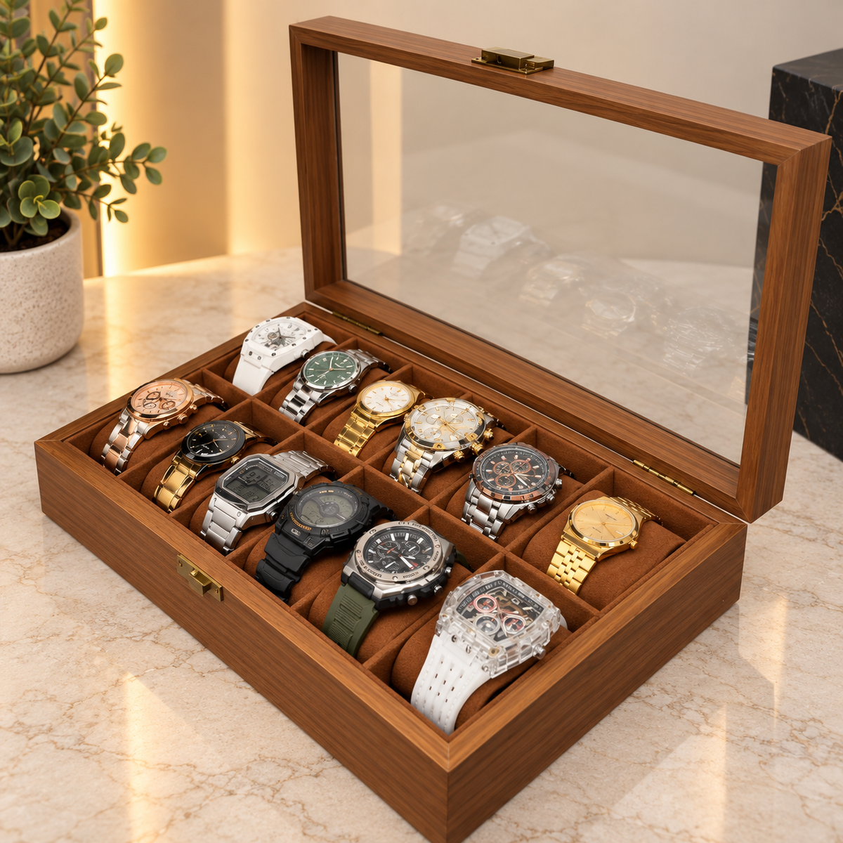 ESTUCHE ORGANIZADOR PARA 12 RELOJES EN MADERA NATURAL CON TAPA DE VIDRIO