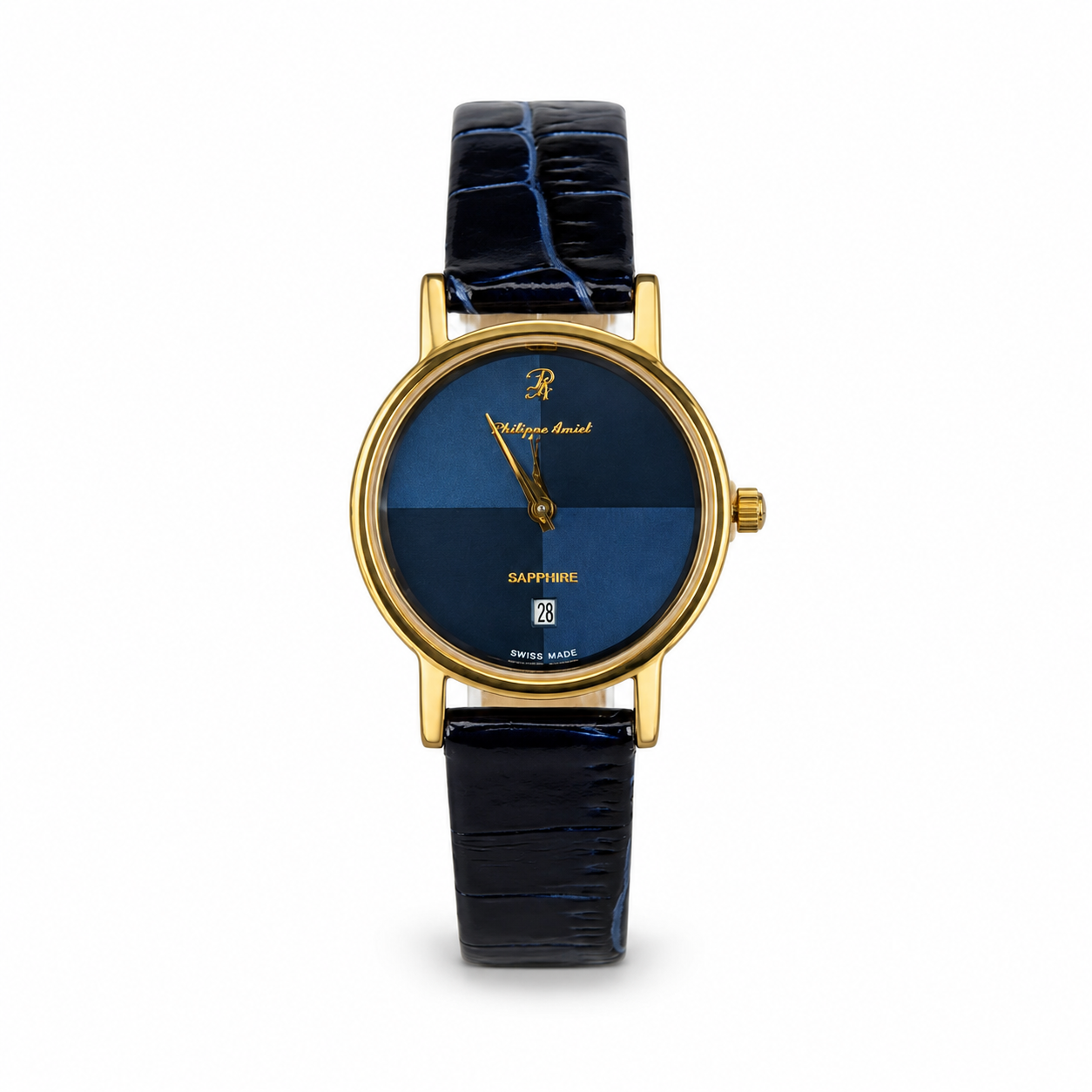 Philippe Amiel F12396 AZ Reloj para Mujer Dorado con Esfera Azul y Correa de Cuero Azul