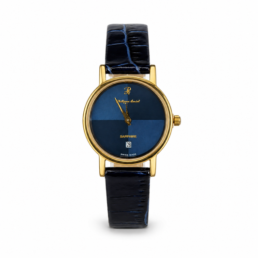 Philippe Amiel F12396 AZ Reloj para Mujer Dorado con Esfera Azul y Correa de Cuero Azul