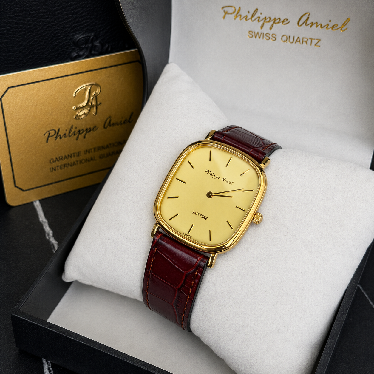 Philippe Amiel M1379 AZ Reloj para Hombre Dorado con Correa de Cuero Vino