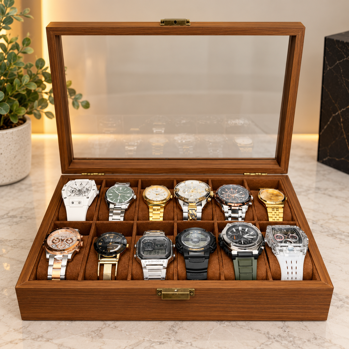 ESTUCHE ORGANIZADOR PARA 12 RELOJES EN MADERA NATURAL CON TAPA DE VIDRIO