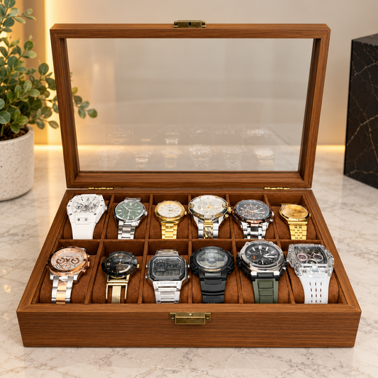 ESTUCHE ORGANIZADOR PARA 12 RELOJES EN MADERA NATURAL CON TAPA DE VIDRIO