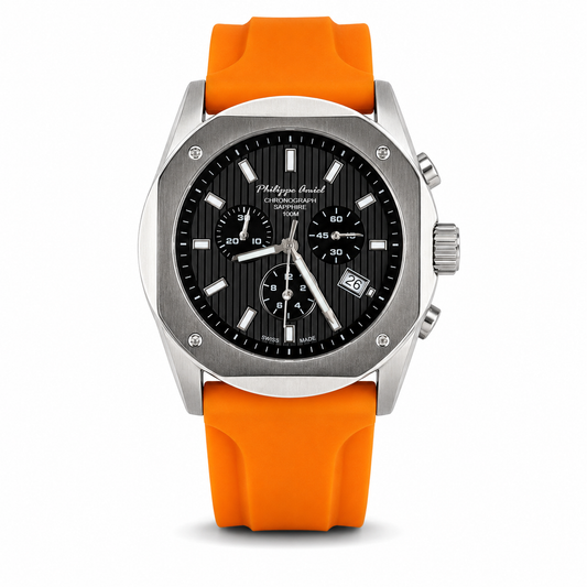 Philippe Amiel M6404 Reloj para Hombre Cronógrafo Acero y Correa Naranja