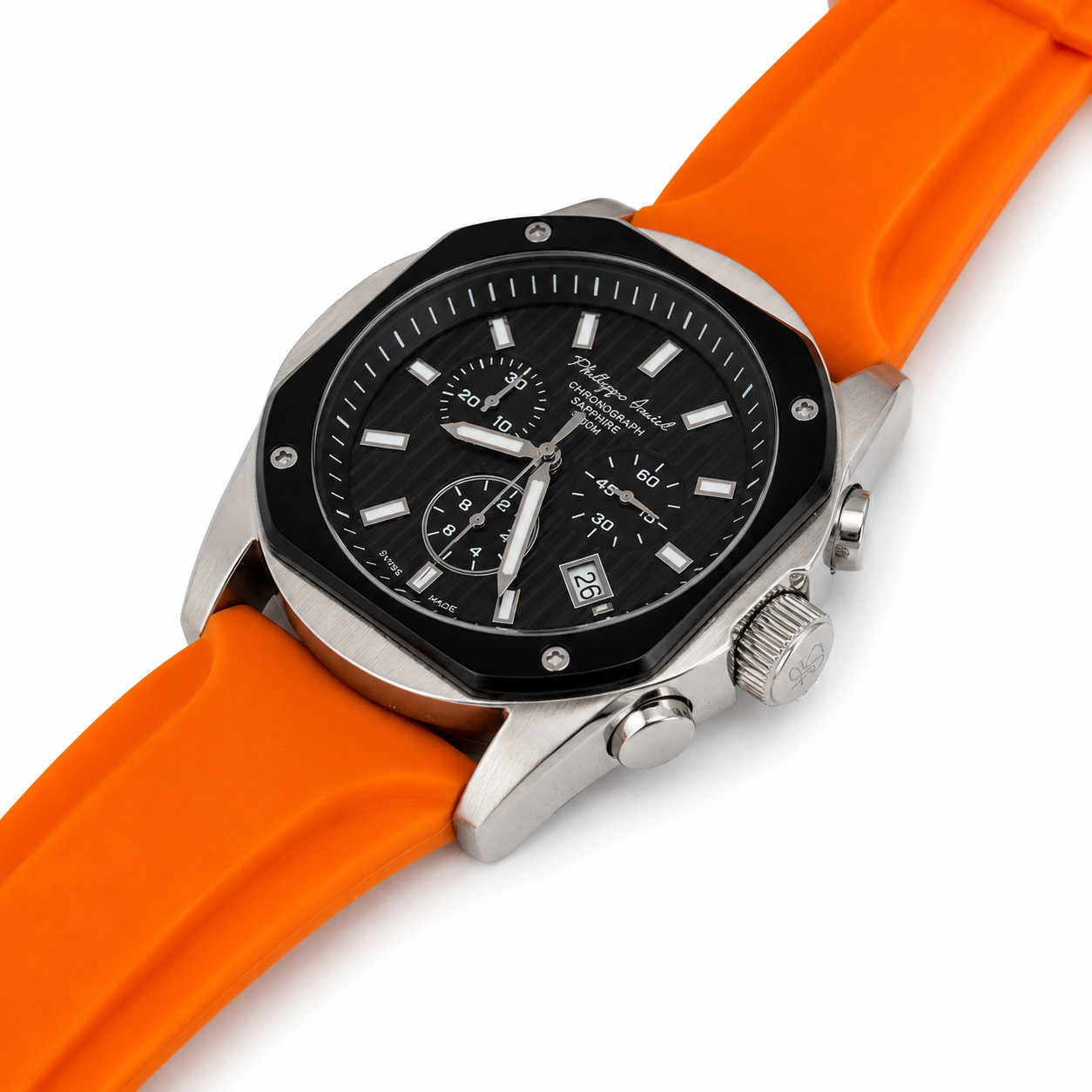 Philippe Amiel M6404 Reloj para Hombre Cronógrafo Acero y Correa Naranja