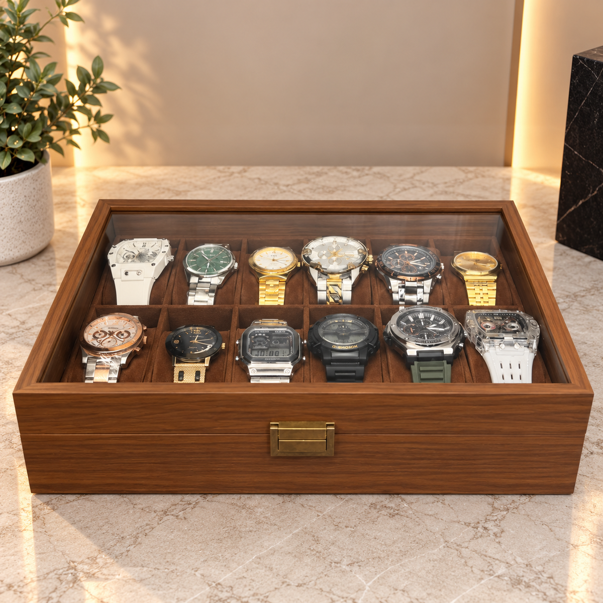 ESTUCHE ORGANIZADOR PARA 12 RELOJES EN MADERA NATURAL CON TAPA DE VIDRIO