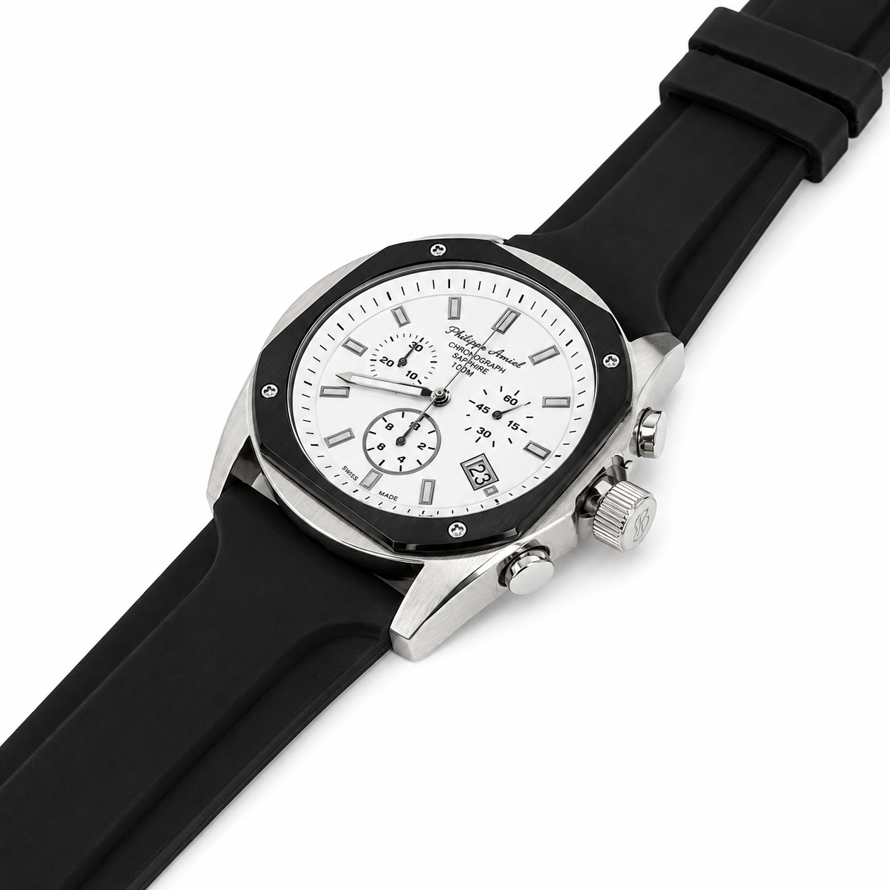 Philippe Amiel M6404 Reloj para Hombre Cronógrafo Acero Inoxidable Blanco y Negro