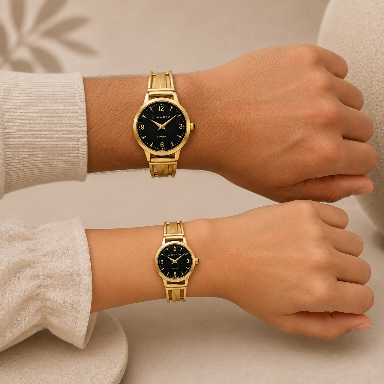 PAREJA DE RELOJES D'MARIO PULSO ESQUELETO FONDO NEGRO NÚMEROS DORADOS