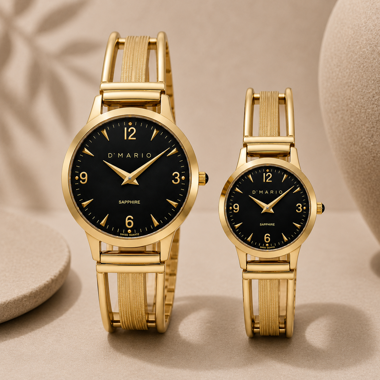 PAREJA DE RELOJES D'MARIO PULSO ESQUELETO FONDO NEGRO NÚMEROS DORADOS