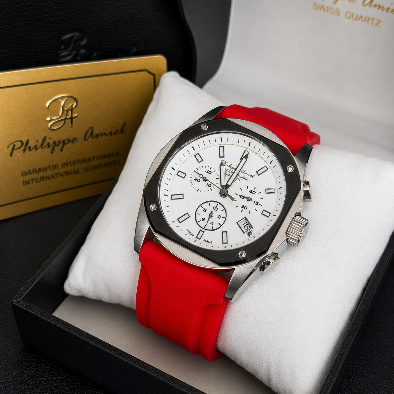 Philippe Amiel M6404 Reloj para Hombre Cronógrafo Acero y Correa Roja