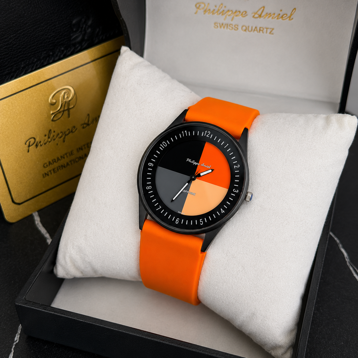 Philippe Amiel M1443 AZ Reloj para Hombre Acero Negro con Correa de Silicona Naranja