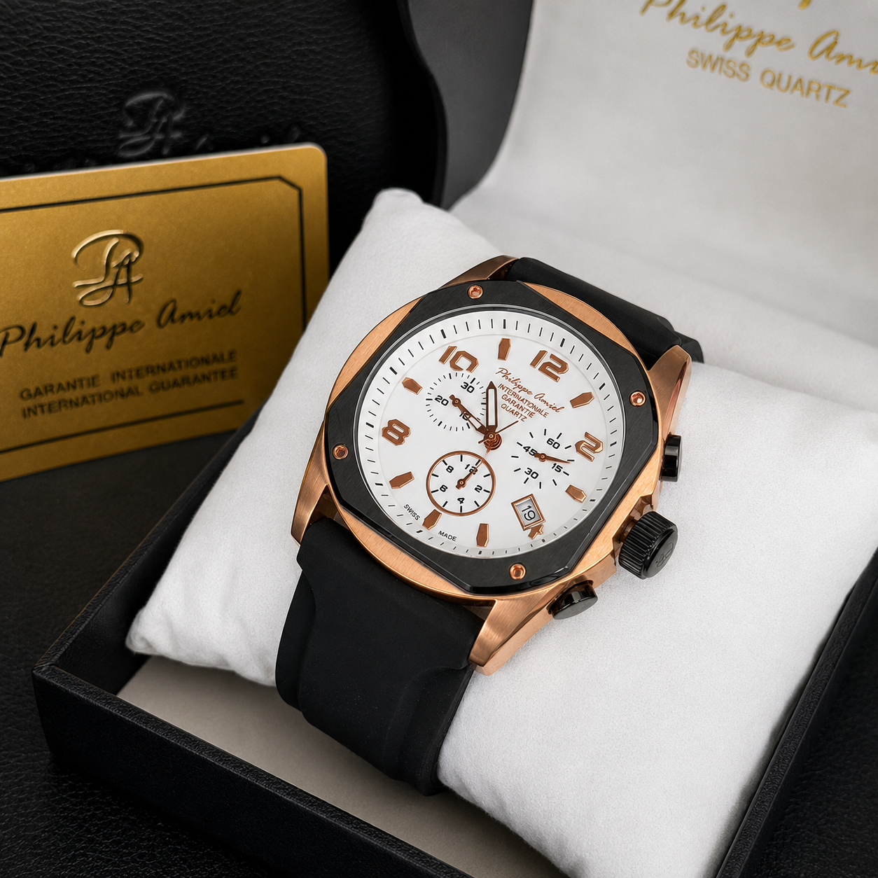 Philippe Amiel M6404 Reloj para Hombre Cronógrafo Acero PVD Oro Rosa Blanco