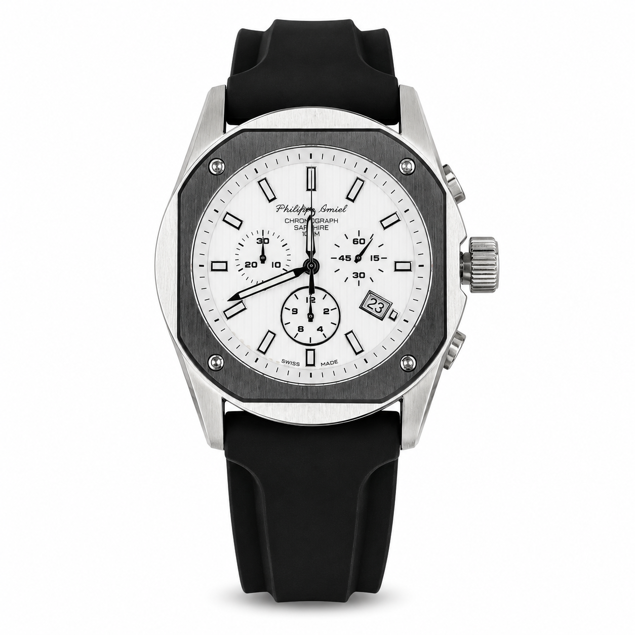 Philippe Amiel M6404 Reloj para Hombre Cronógrafo Acero Inoxidable Blanco y Negro