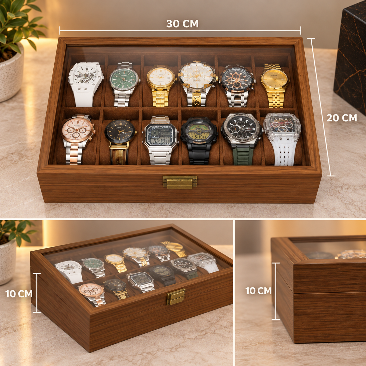 ESTUCHE ORGANIZADOR PARA 12 RELOJES EN MADERA NATURAL CON TAPA DE VIDRIO
