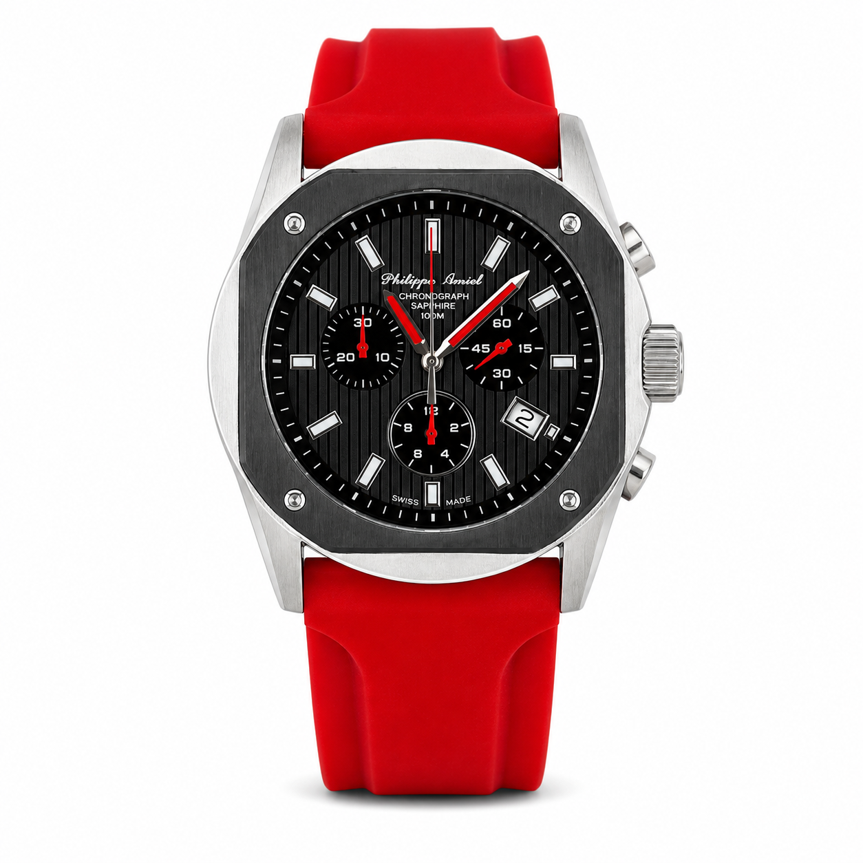 Philippe Amiel M6404 Reloj para Hombre Cronógrafo Acero y Correa Roja