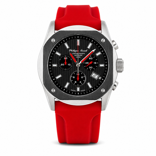 Philippe Amiel M6404 Reloj para Hombre Cronógrafo Acero y Correa Roja