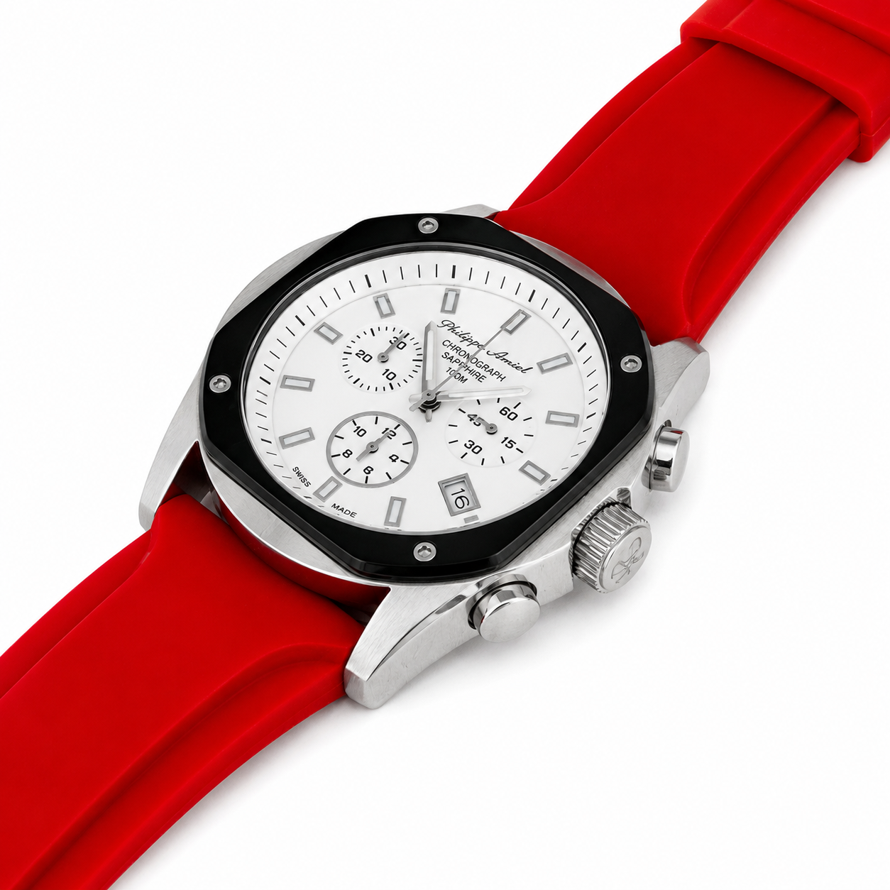 Philippe Amiel M6404 Reloj para Hombre Cronógrafo Acero y Correa Roja