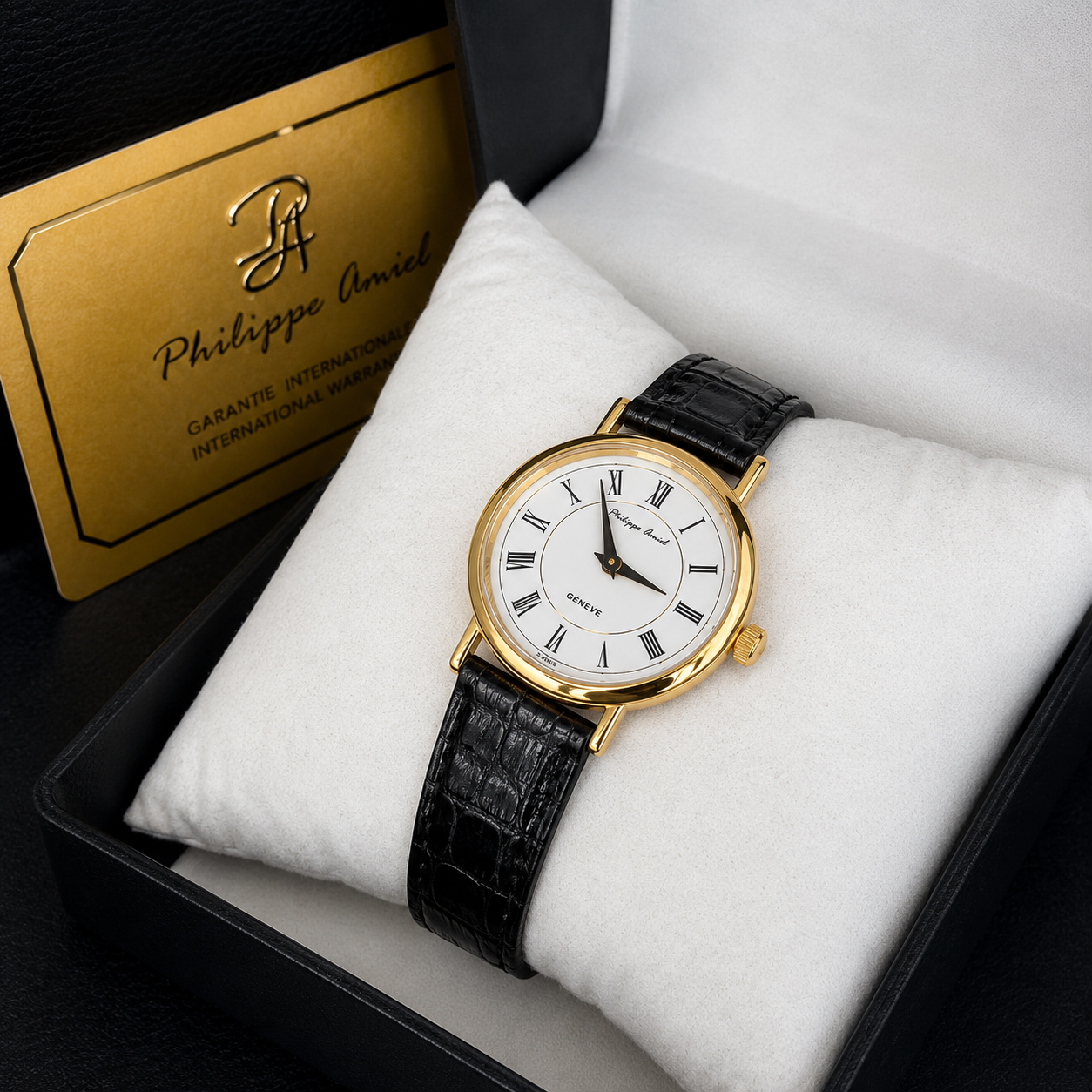 Philippe Amiel M1258 AZ Reloj para Mujer Dorado Negro Cuero Genuino