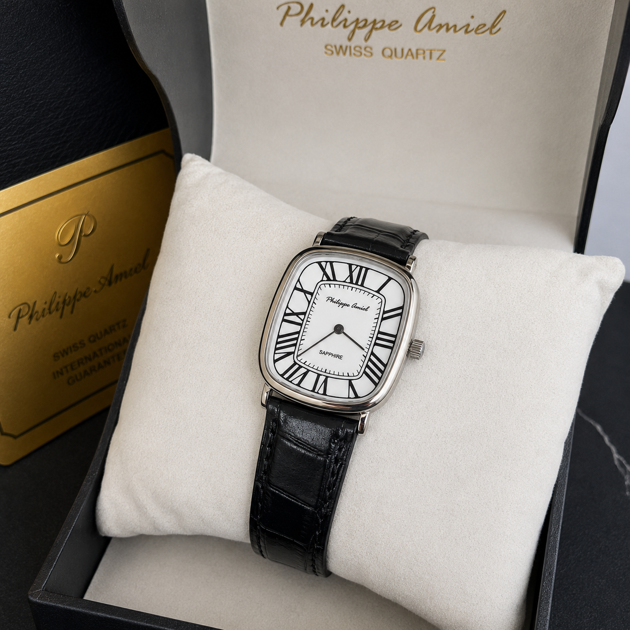 Philippe Amiel M1379 AZ Reloj para Hombre Acero Plateado con Correa de Cuero Negro