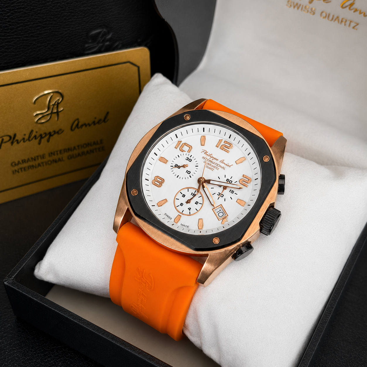 Philippe Amiel M6404 Reloj para Hombre Cronógrafo Acero PVD Oro Rosa y Correa Naranja