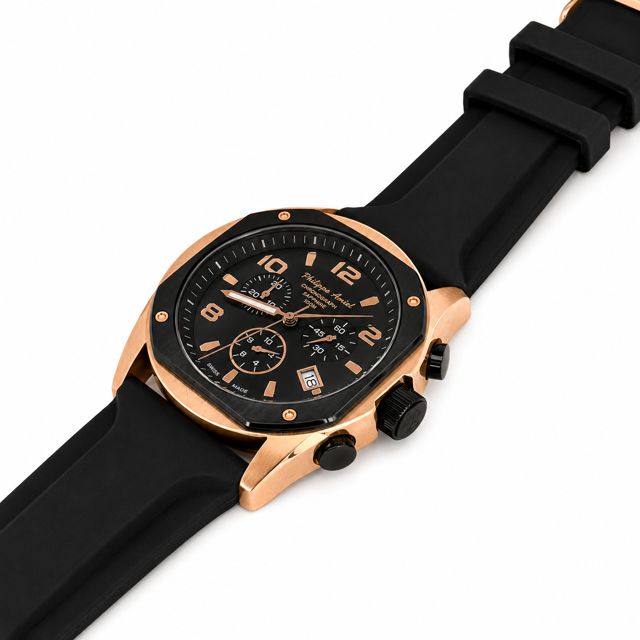 Philippe Amiel M6404 Reloj para Hombre Cronógrafo Acero PVD Oro Rosa Negro
