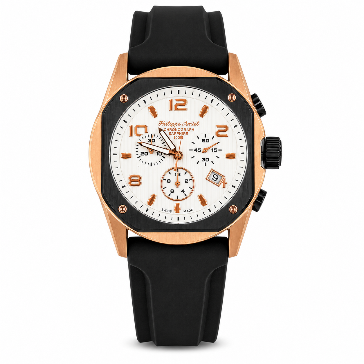 Philippe Amiel M6404 Reloj para Hombre Cronógrafo Acero PVD Oro Rosa Blanco