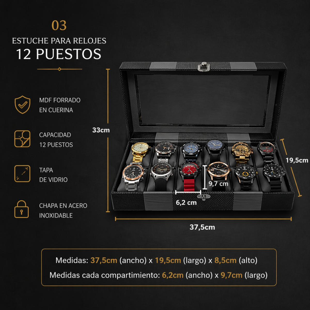 ORGANIZADOR DE RELOJES ESTUCHE RELOJERA DE LUJO 12 PUESTOS