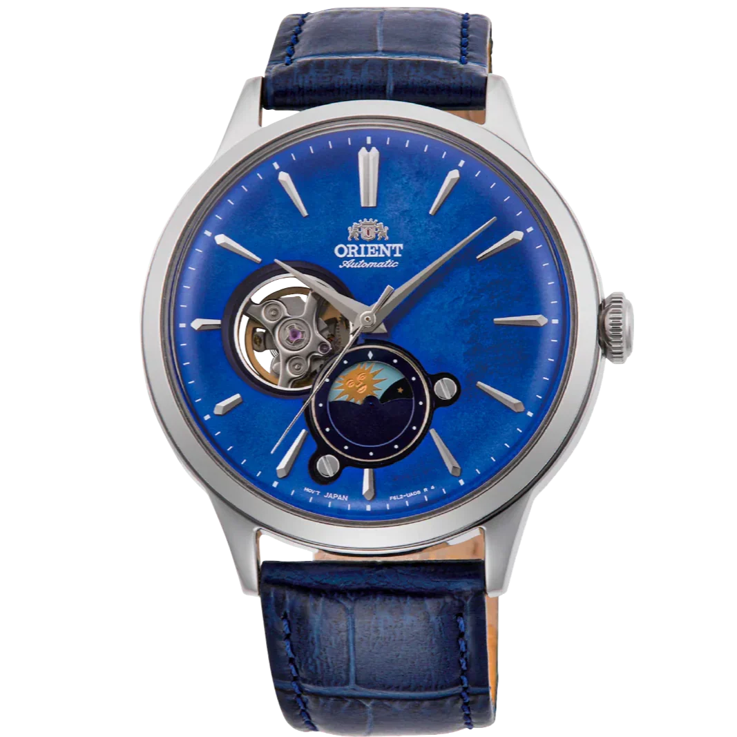 RELOJ ORIENT RA-AS0103A SUN MOON CUERO AZUL