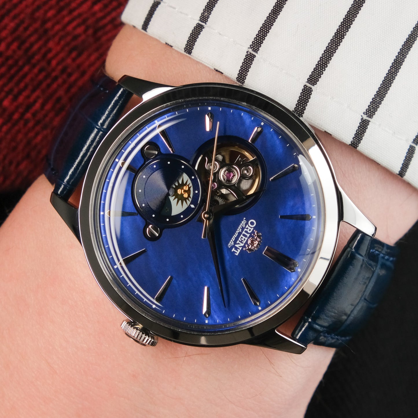 RELOJ ORIENT RA-AS0103A SUN MOON CUERO AZUL