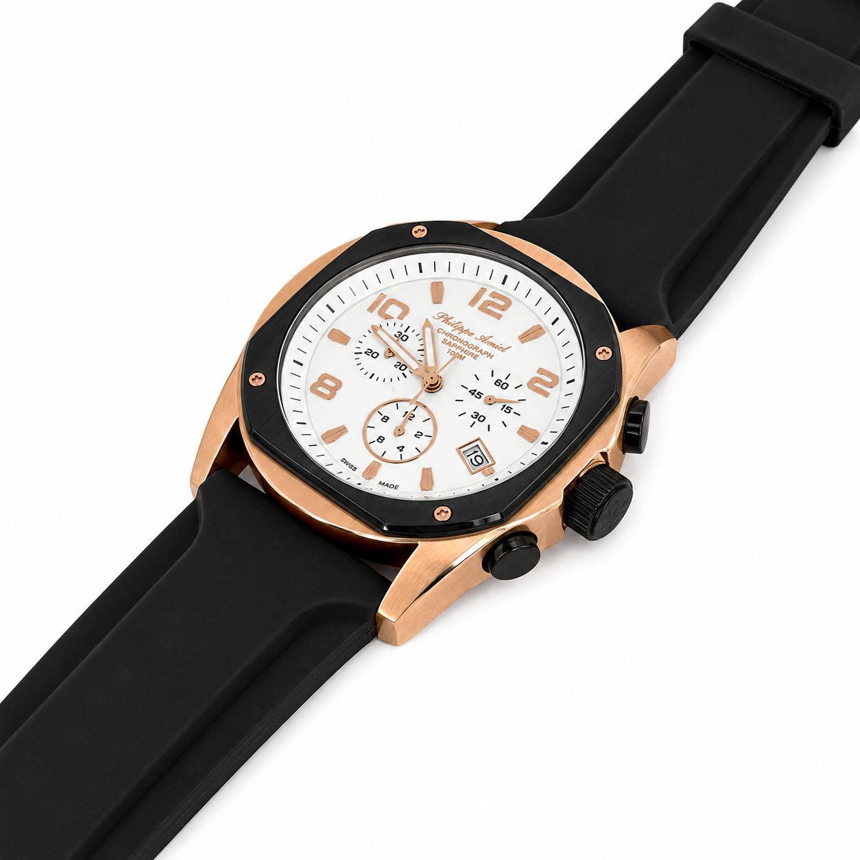 Philippe Amiel M6404 Reloj para Hombre Cronógrafo Acero PVD Oro Rosa Blanco