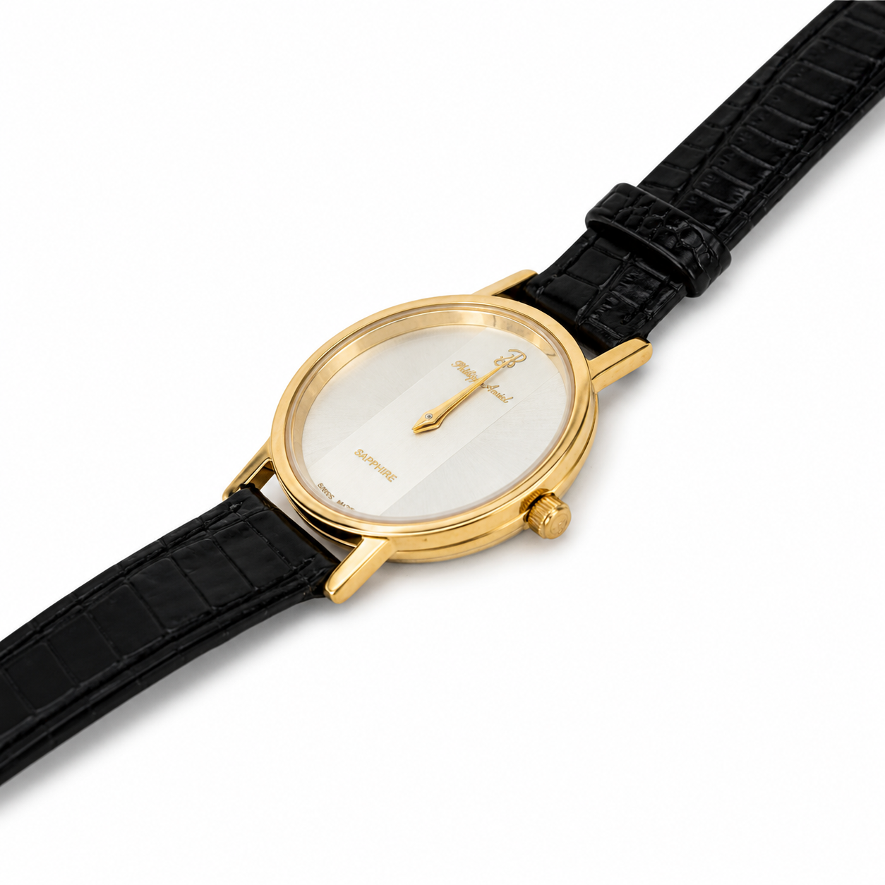 Philippe Amiel F12396 AZ Reloj para Mujer Dorado con Esfera Plateada y Correa de Cuero Negra