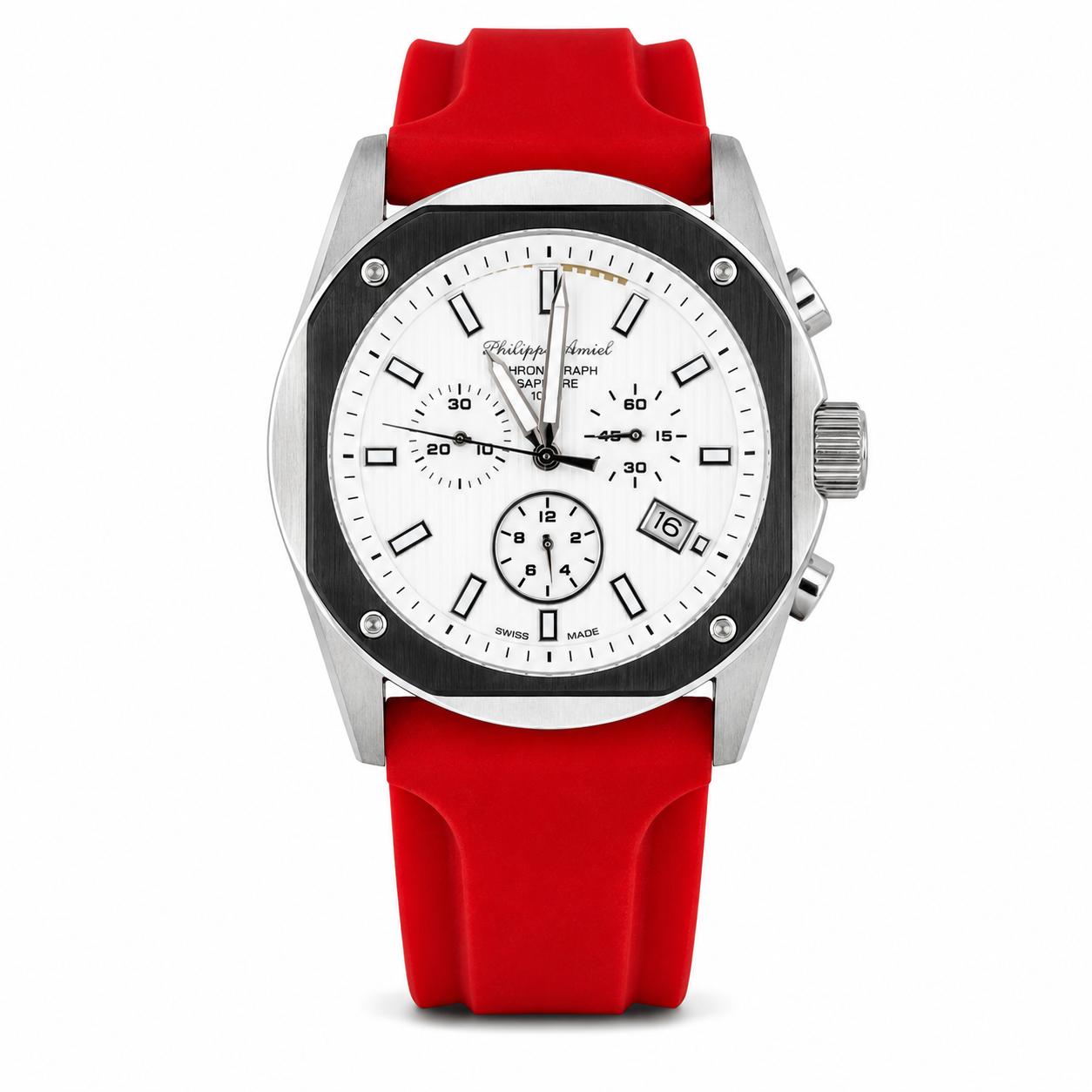 Philippe Amiel M6404 Reloj para Hombre Cronógrafo Acero y Correa Roja