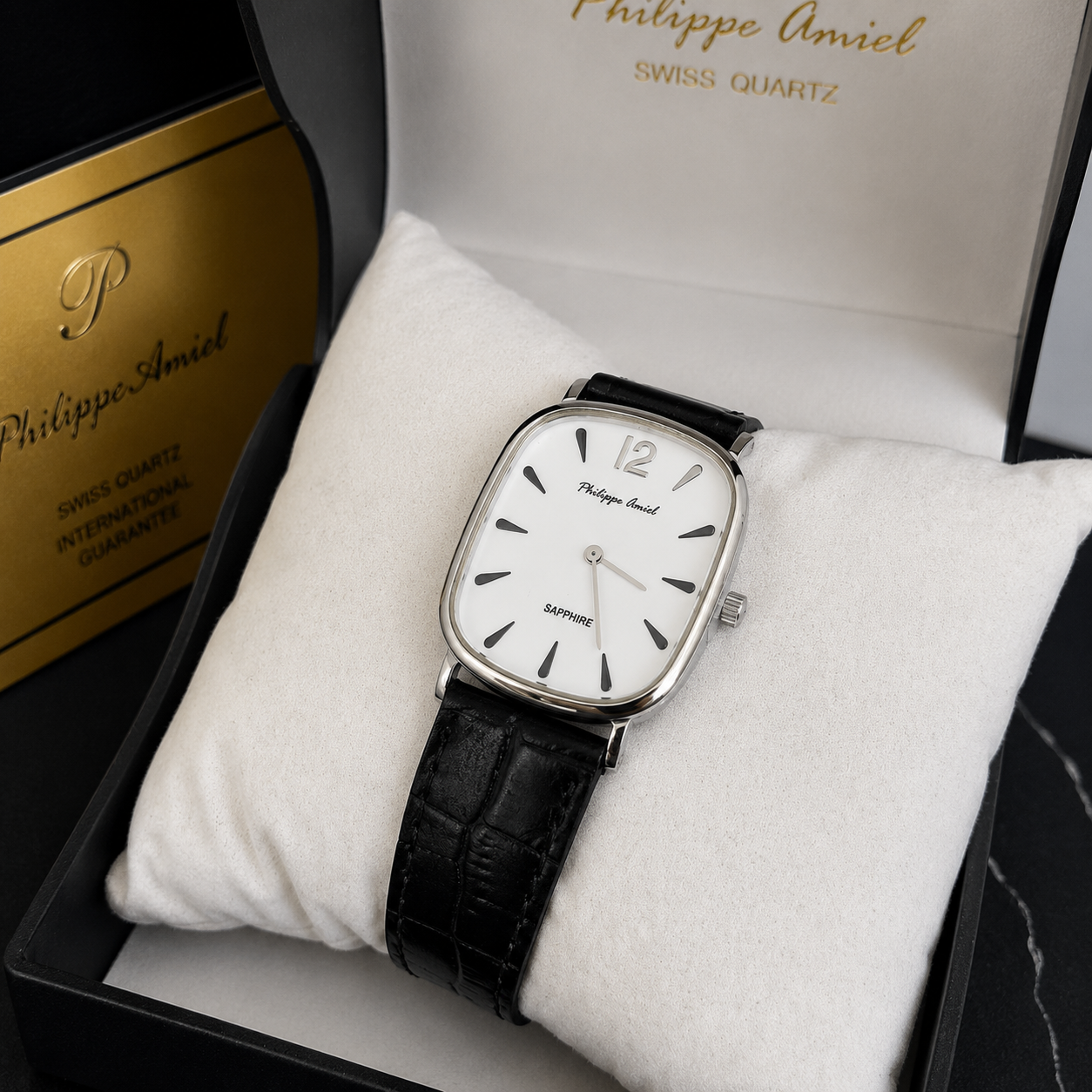 Philippe Amiel M1379 AZ Reloj para Hombre Acero Plateado con Correa de Cuero Negro