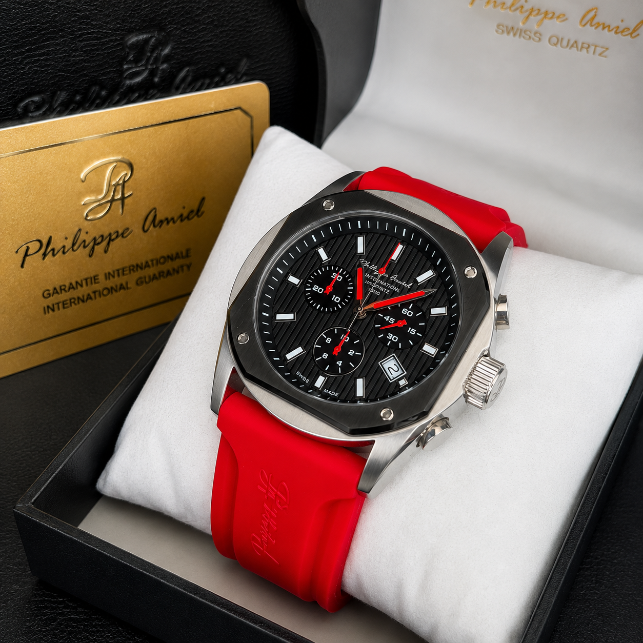 Philippe Amiel M6404 Reloj para Hombre Cronógrafo Acero y Correa Roja