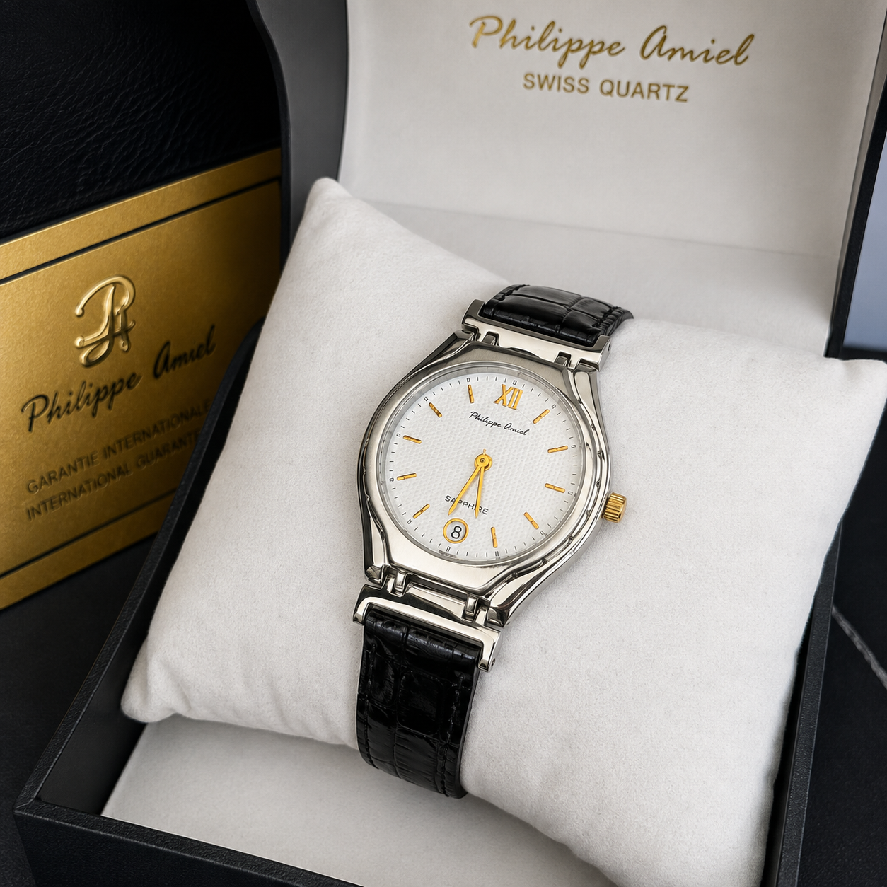Philippe Amiel M6239 AZ Reloj para Hombre Acero Plateado con Correa de Cuero Negra