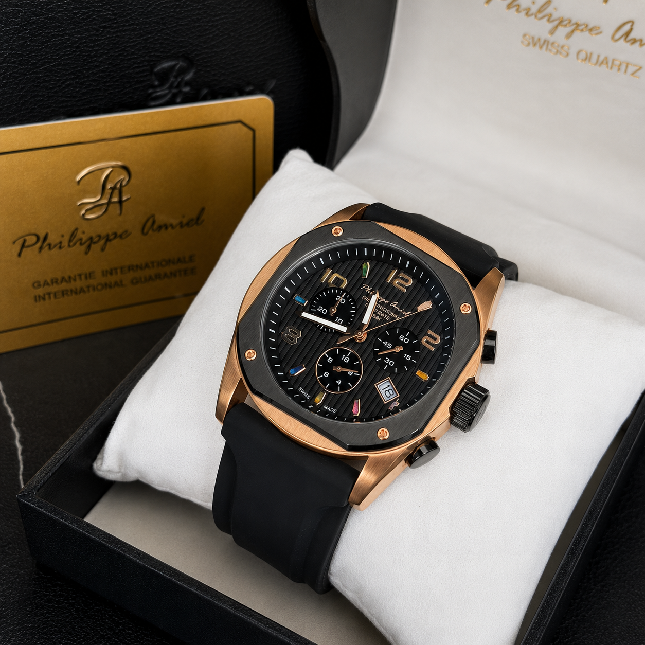 Philippe Amiel M6404 Reloj para Hombre Cronógrafo Acero PVD Oro Rosa Negro