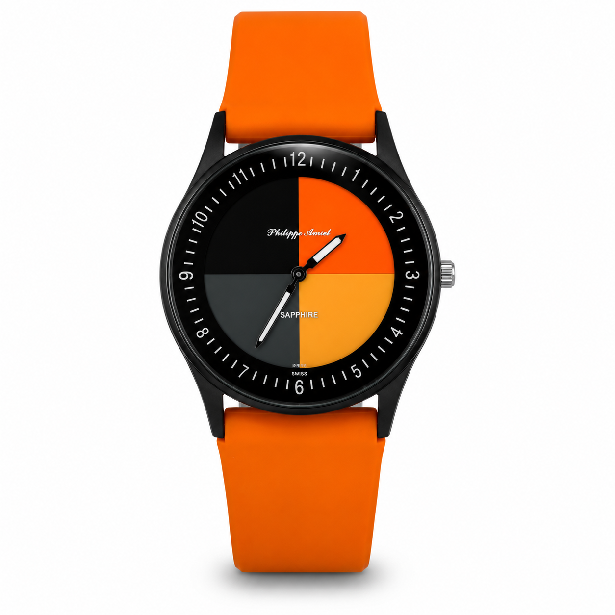Philippe Amiel M1443 AZ Reloj para Hombre Acero Negro con Correa de Silicona Naranja