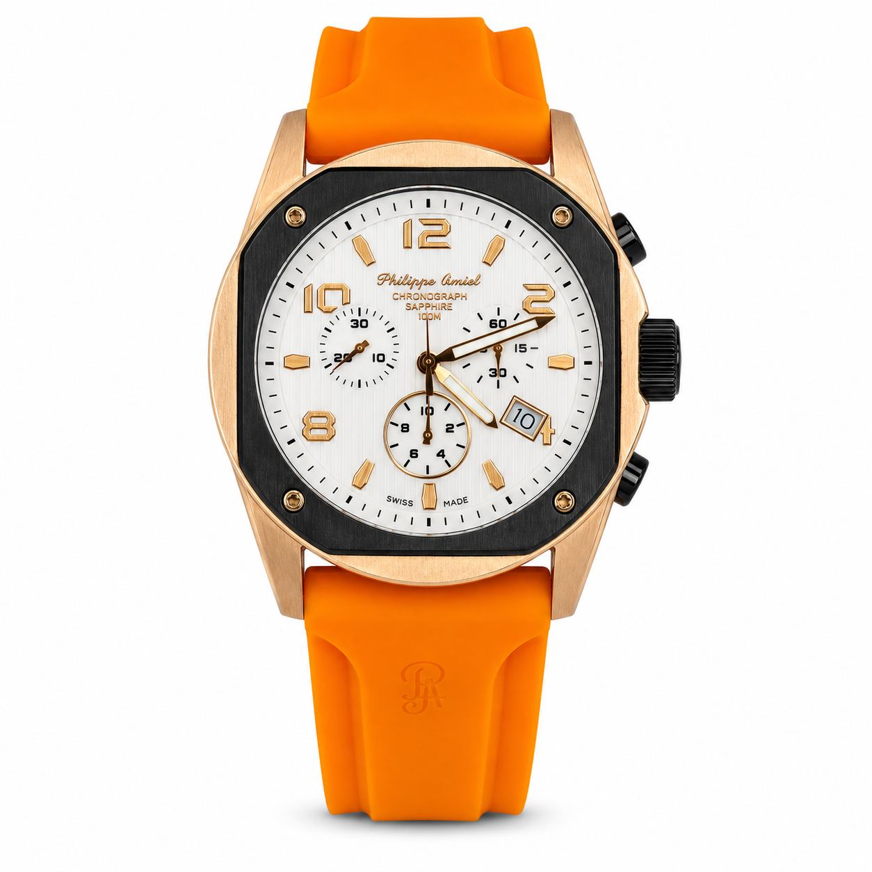 Philippe Amiel M6404 Reloj para Hombre Cronógrafo Acero PVD Oro Rosa y Correa Naranja
