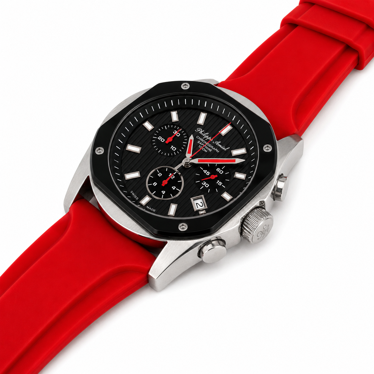 Philippe Amiel M6404 Reloj para Hombre Cronógrafo Acero y Correa Roja