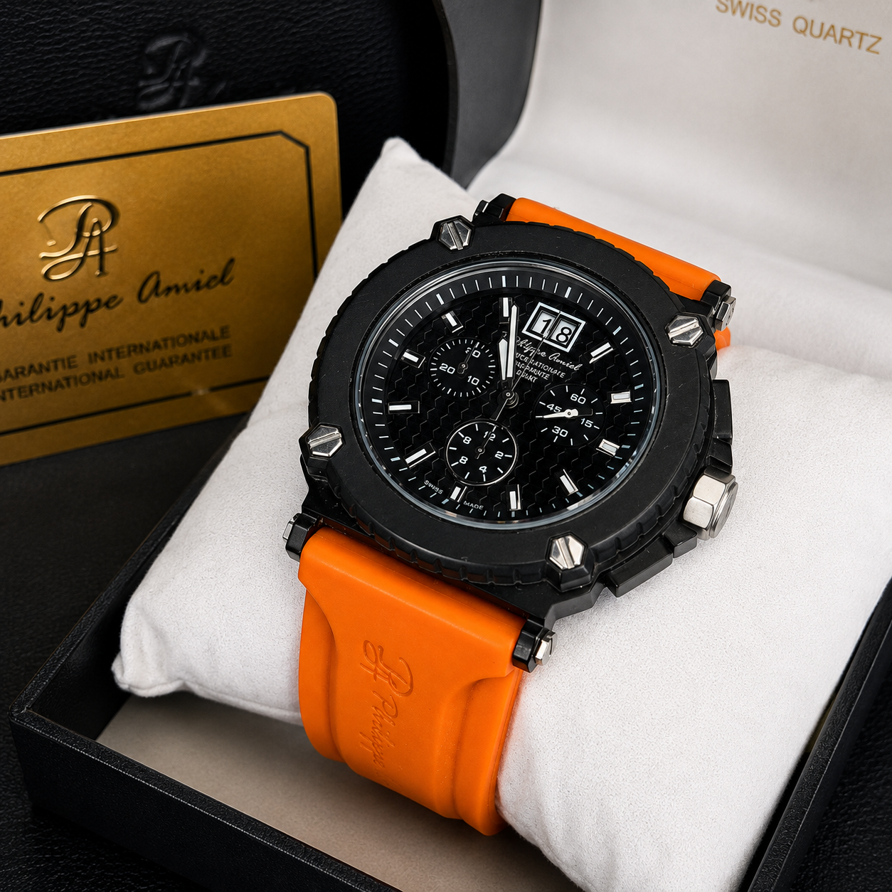 Philippe Amiel M6404 Reloj para Hombre Cronógrafo Negro con Correa Naranja